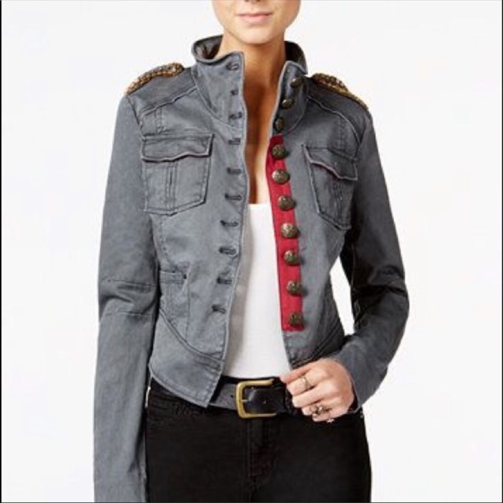 Free People Gray Military Jacket with Red Accents